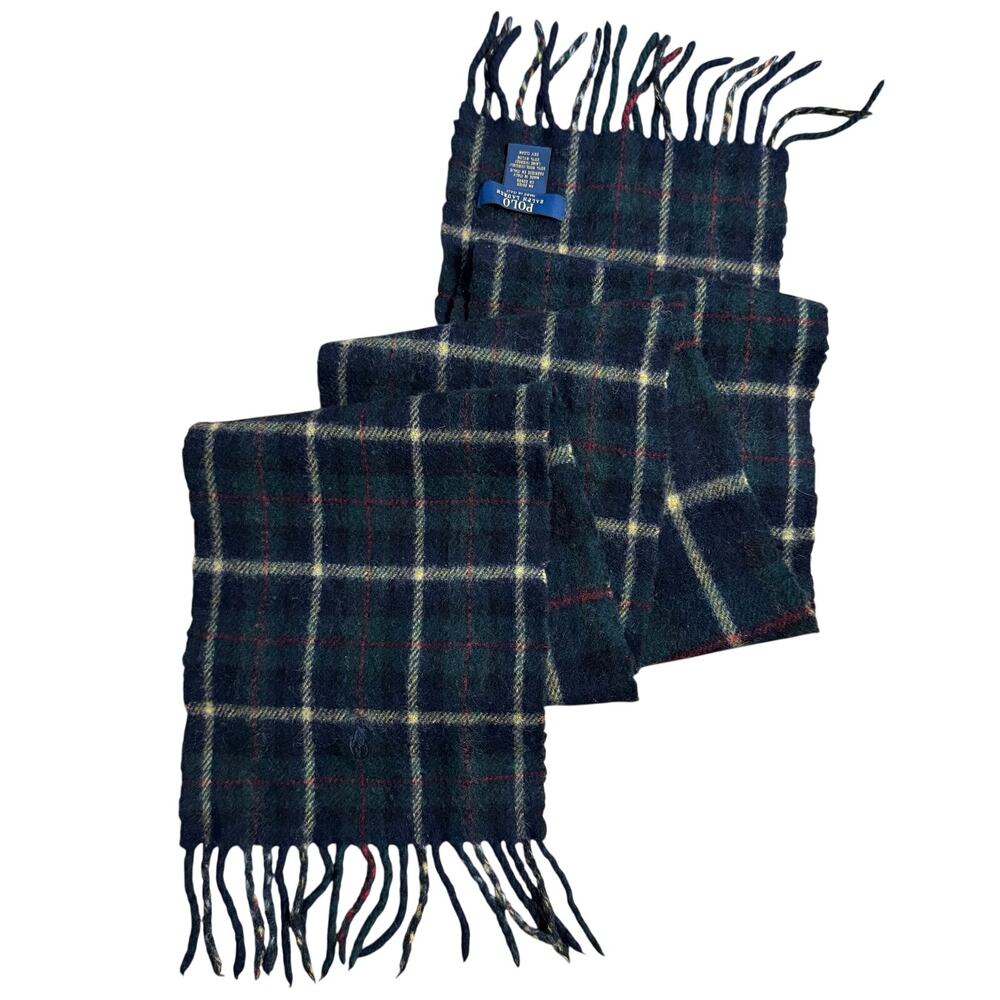 Polo Ralph Lauren Scarf Pony Logo Tartan Flannel Fringe Winter Italy Made Green